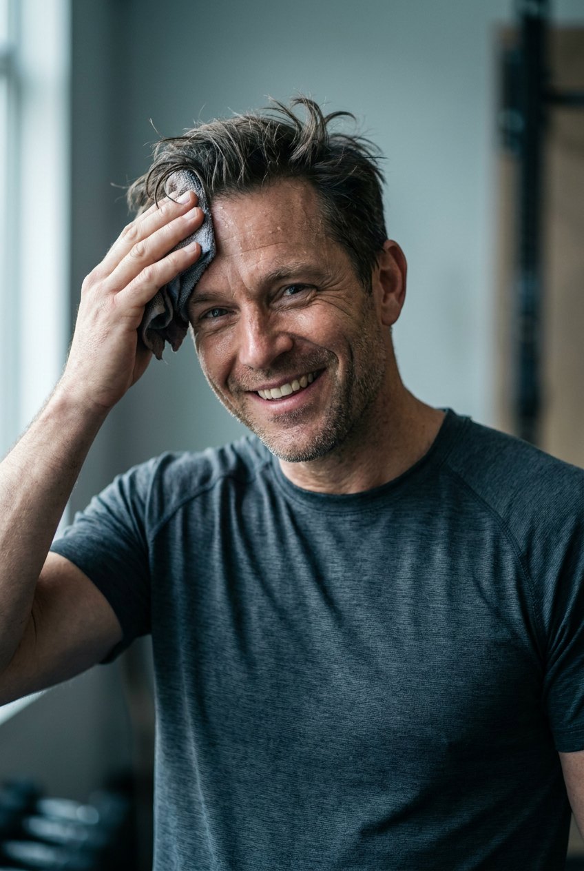 Man smiling after a workout in a performance tee