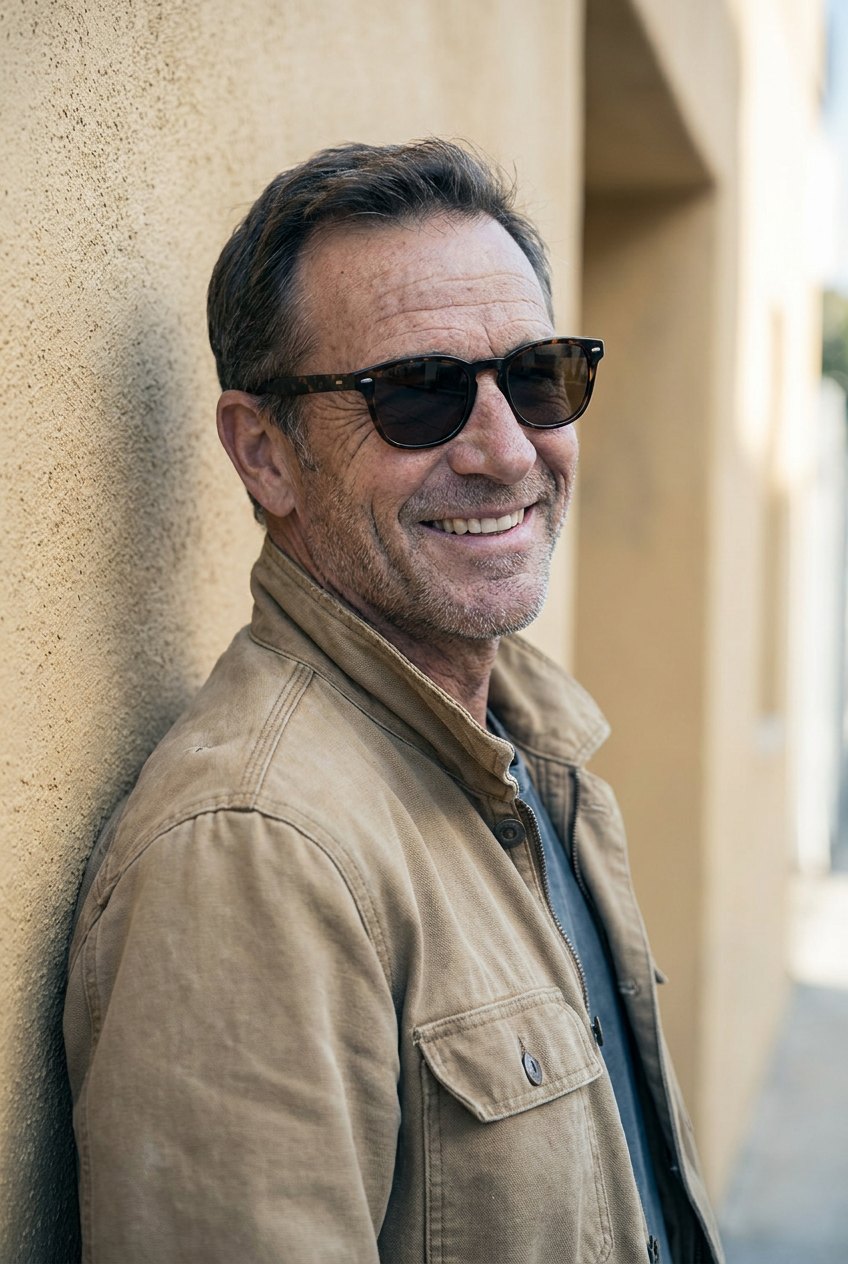 Man smiling in sunglasses against a sunlit wall