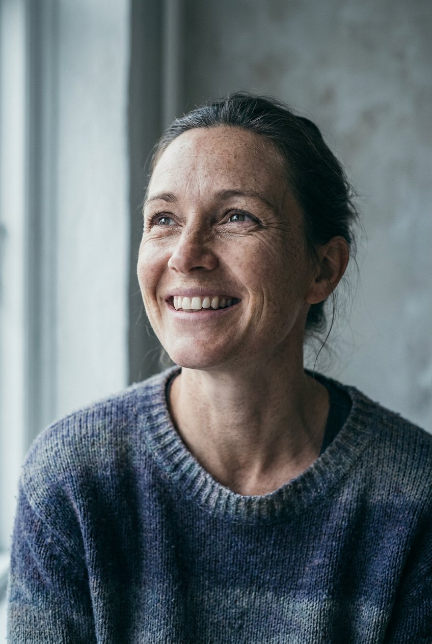 Woman with freckled skin smiling and looking upward