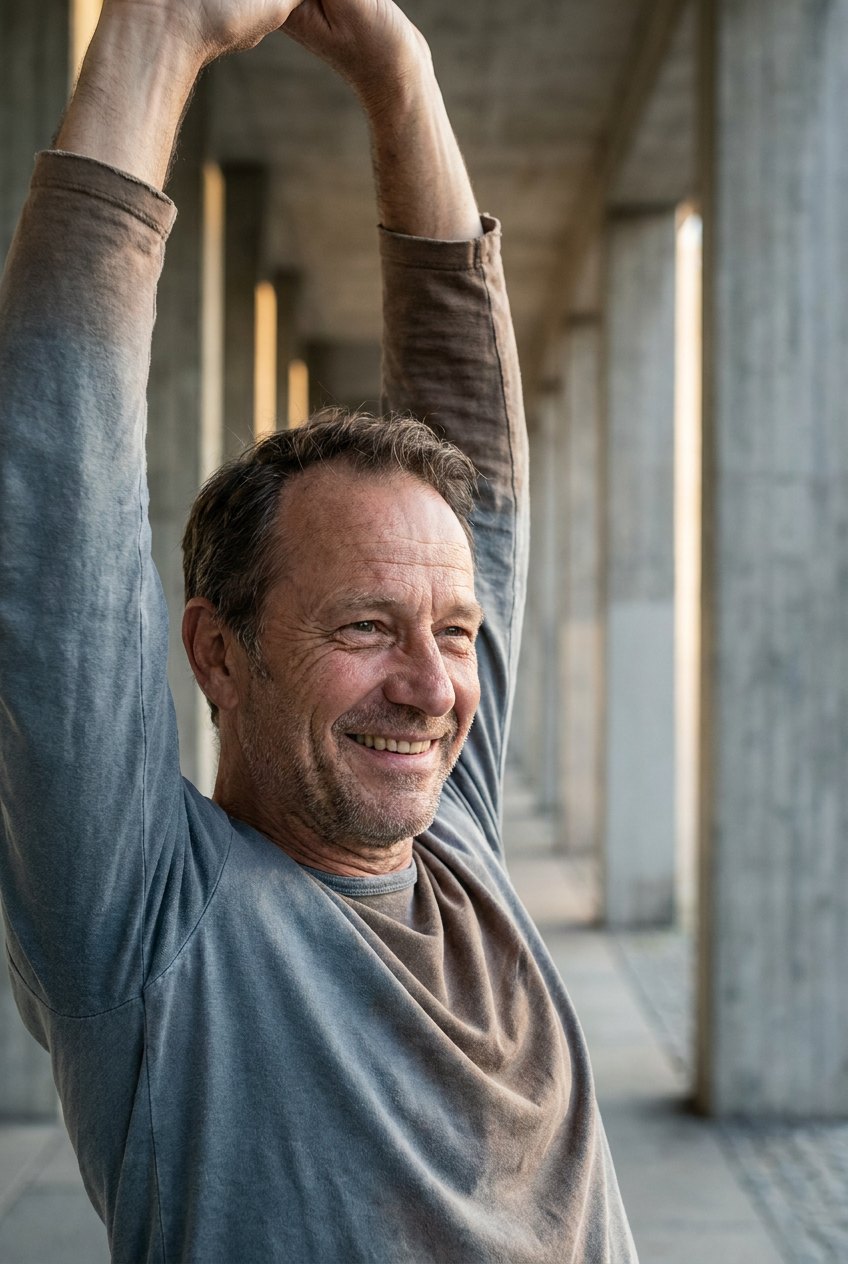 Man stretching and smiling in warm sunlight