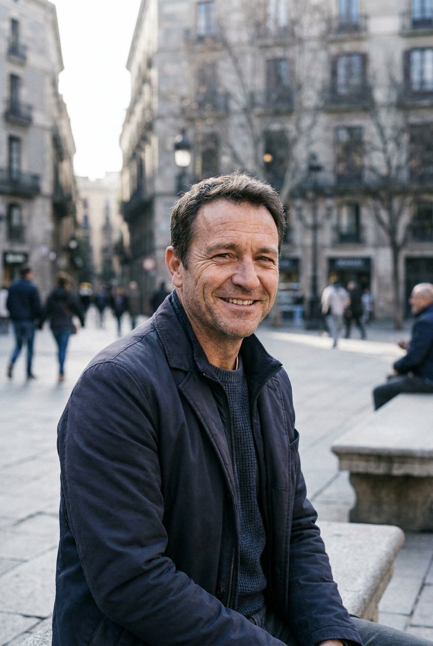 Confident man smiling outdoors, calm and composed