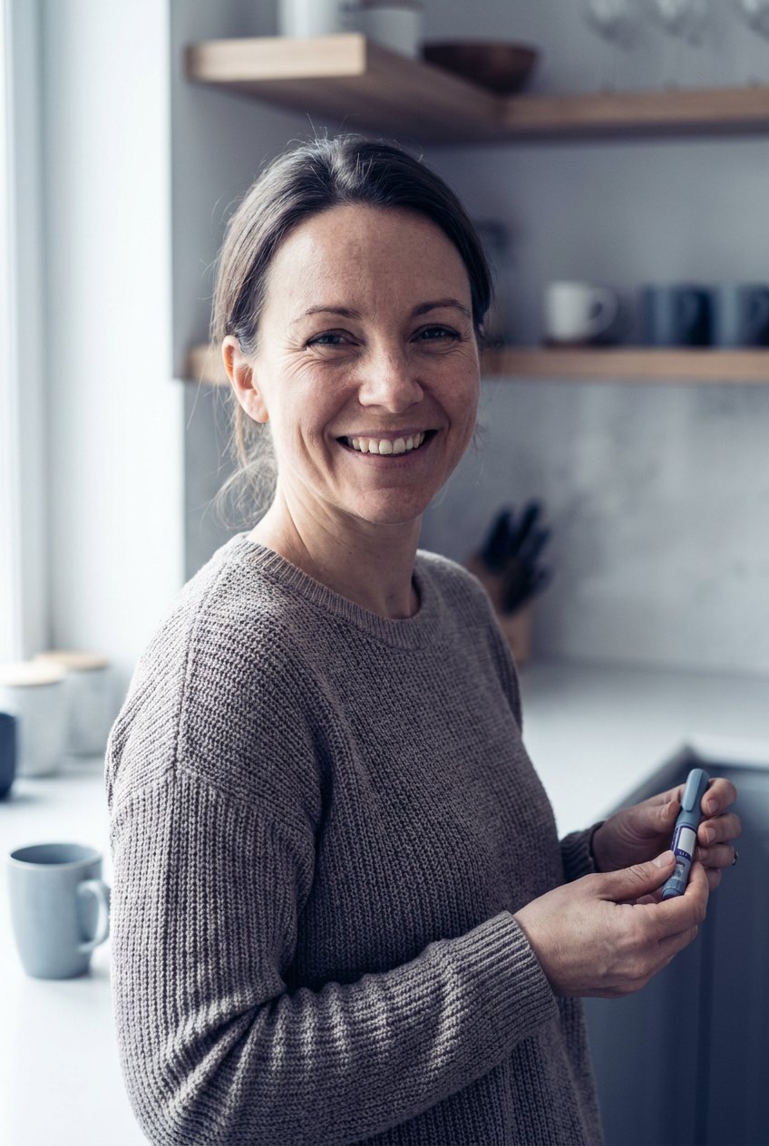 Woman smiling at home with her weekly injection pen