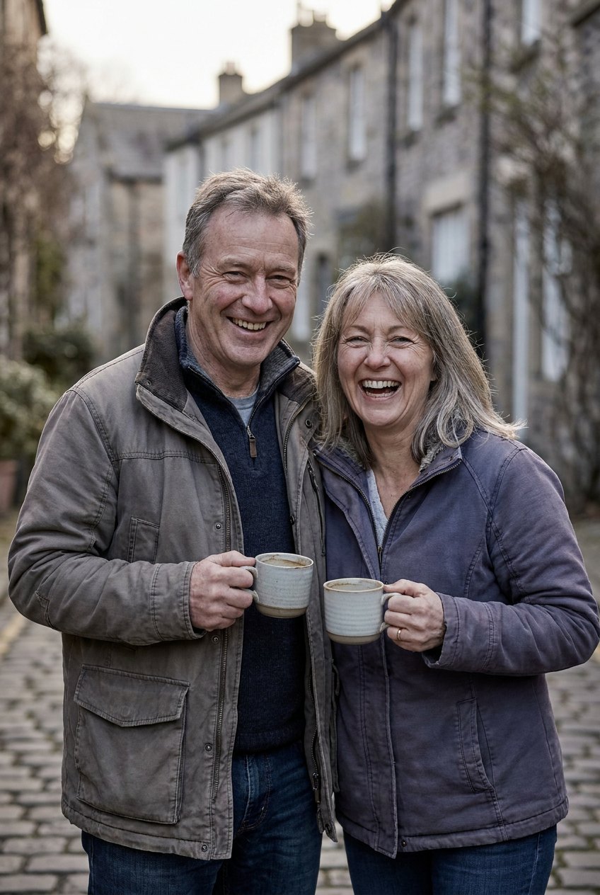 Couple laughing together outdoors with coffee