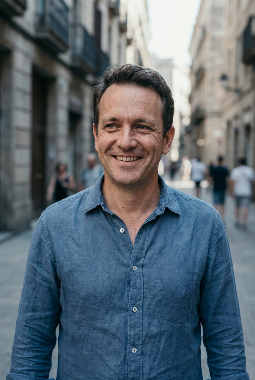 Man in a blue linen shirt smiling on a sunlit street