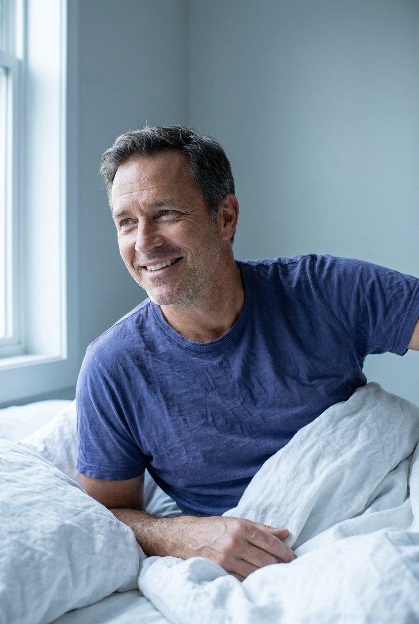 Man waking rested in white bedding at first light