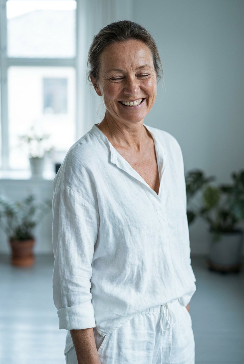 Woman in white linen smiling in soft daylight