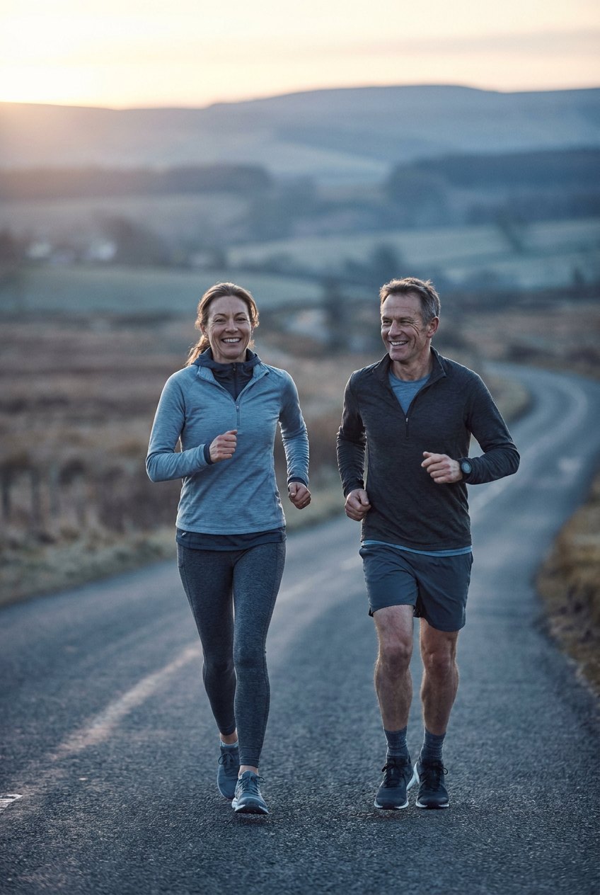 Man and woman running together at sunrise