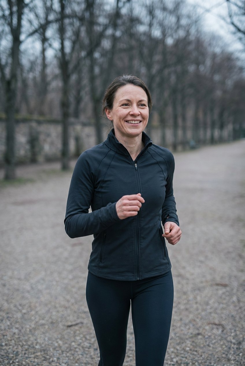 Woman in athletic wear smiling mid-stride outdoors