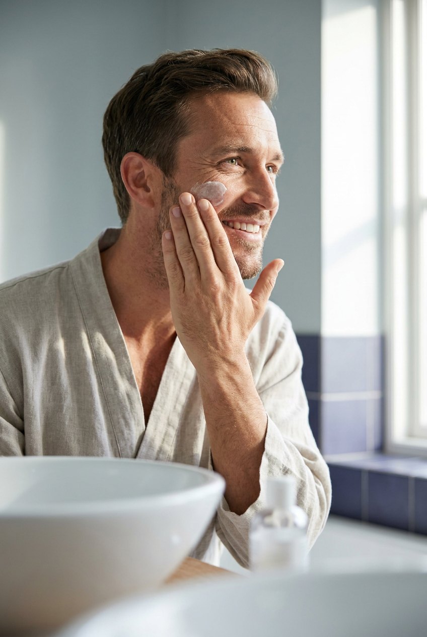 Man applying skincare cream along his cheek