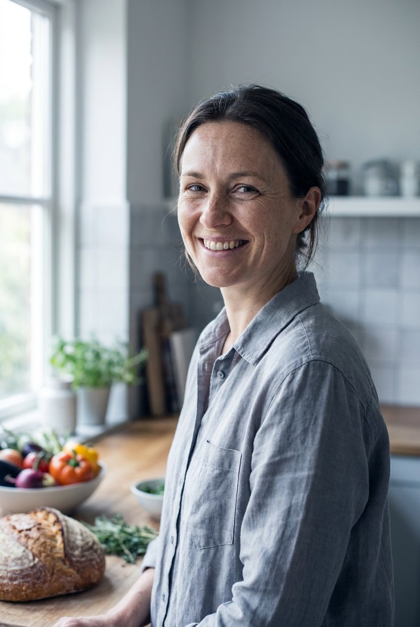 Woman smiling in a bright kitchen with fresh food
