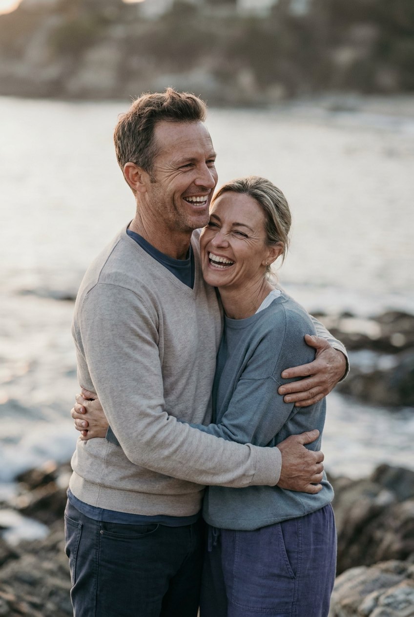 Couple laughing together at sunset by the water