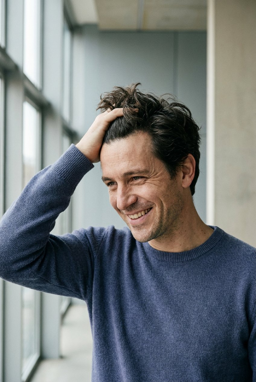 Man running a hand through his hair in a bright modern space